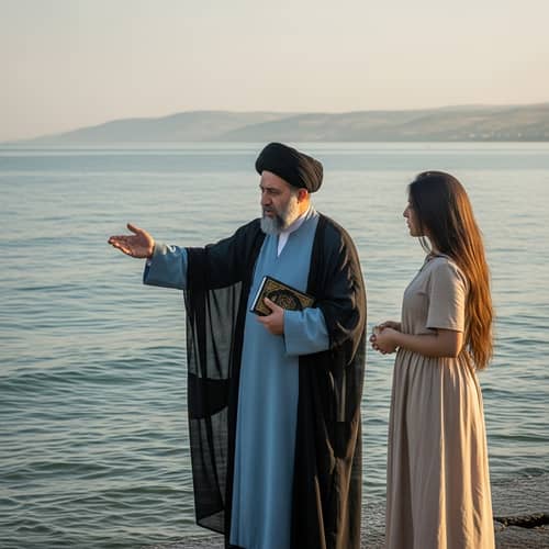 Shiite Cleric by Caspian Sea Guiding Woman