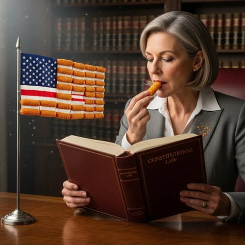 Politician Reading Law Handbook with Croquette Flag