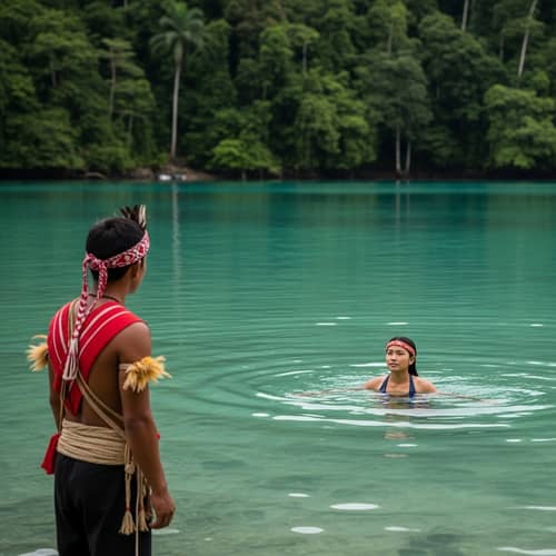 Lagoon Scene in the Philippines: Indigenous Man Observing a Swimming Native Filipino Lady