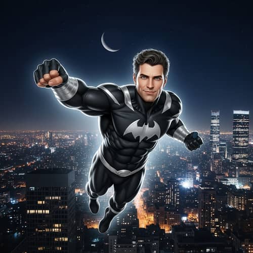 Yahya Han Erbas: Superhero with Muscular Build and Black Costume