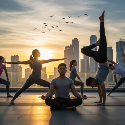 Dynamic Group Yoga Scene at Sunrise | Motivation Image
