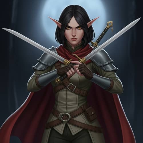 Stern Female Half-Elf Rogue with Golden Eyes | Shadowy Vigilant Warrior