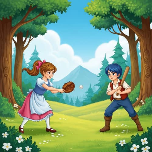 Enchanting Duel in Meadow: Cute Girl and Boy with Magical Hair