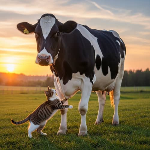 Peaceful Scene of Amicable Cow and Cat Friendship