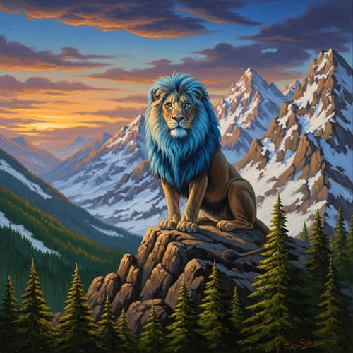 Azure Maned Lion on Snow-Dusted Mountain Peak | Twilight Sky