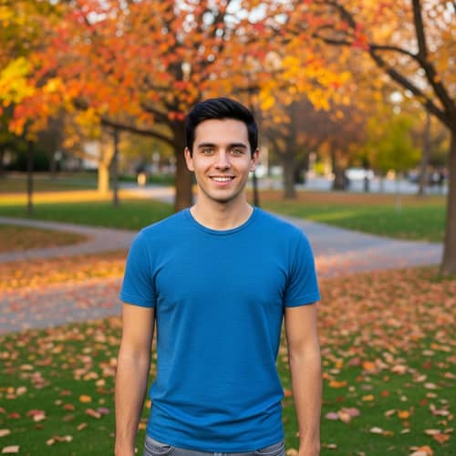 Young Caucasian Man in Urban Park with Autumn Leaves