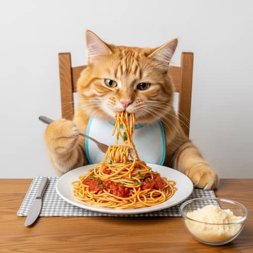 Fluffy Orange Tabby Cat Enjoying Spaghetti | Delightful Scene