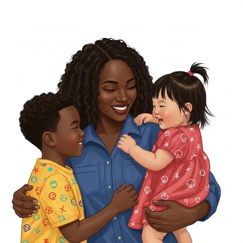 Vibrant Family Portrait: Black Mother bonding with Son & East Asian Daughter