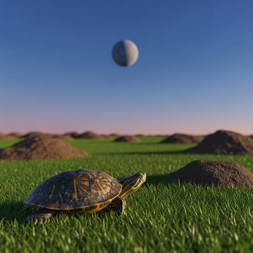 Vividly Colored Turtle on Lush Green Grass with Mercury in Background