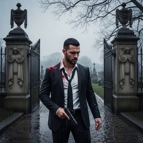 Mysterious Man in Black Suit at Rainy Cemetery