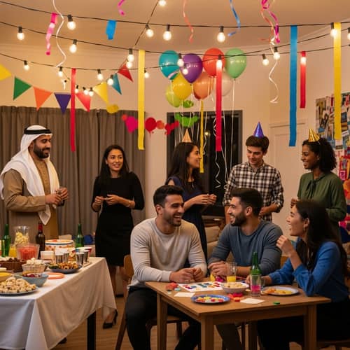 Colorful Party Scene with Diverse Attendees & Festive Decorations