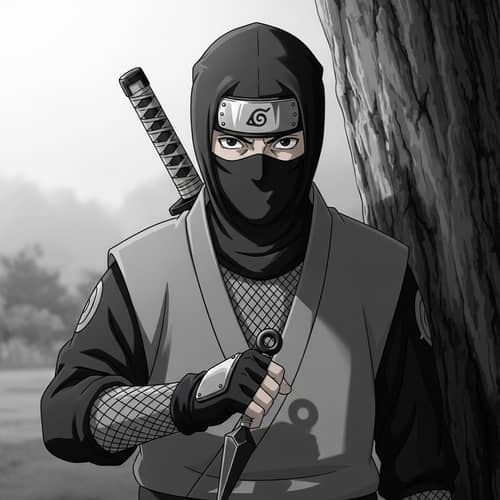 Mysterious Ninja Stealthily Clutching Kunai by Tree