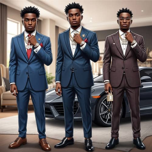 Stylish Black Men Showcasing Success and Prosperity with High-End Fashion and Jewelry