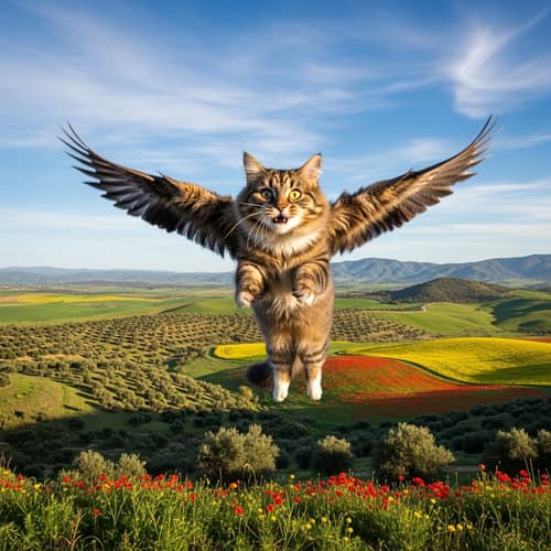 Flying Cat Over Spain: Enchanting View of Green Hills & Flower Fields