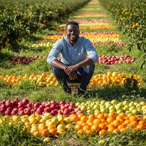 Happy Black Man in Green Field with Fruits