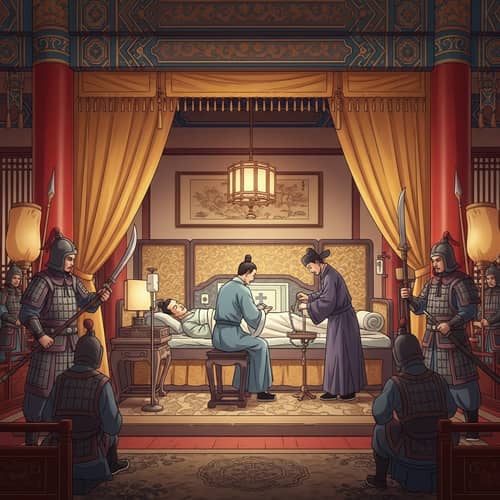 Royal Palace Scene: Sick King with Court Physician and Soldiers