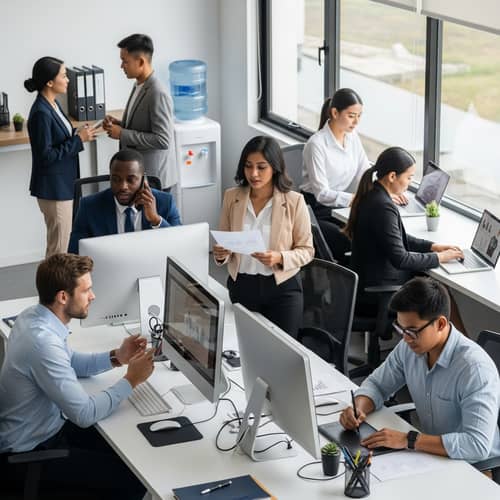 Diverse Professional Scene in Busy Modern Office Setting