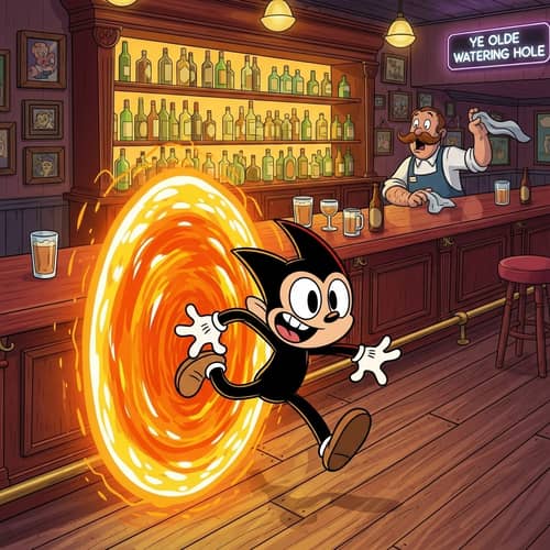 Cartoon Character from Orange Portal at a Bar