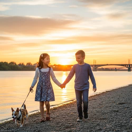 Serene Sunset Stroll: Asian Girl, Caucasian Boy & Happy Dog