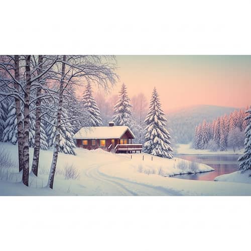 Vintage Winter Cabin Postcard Scene | Snowy Landscape Photo