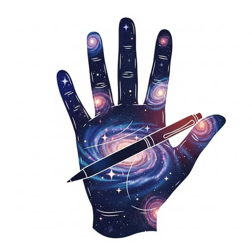 Whimsical Open Hand with Cosmic Galaxies and Pen Illustration