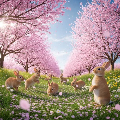 Rabbits Frolicking in Sakura Flower Field