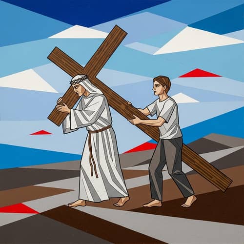 Medium Geometric Mosaic of Someone Helping Jesus - Colorful Artwork