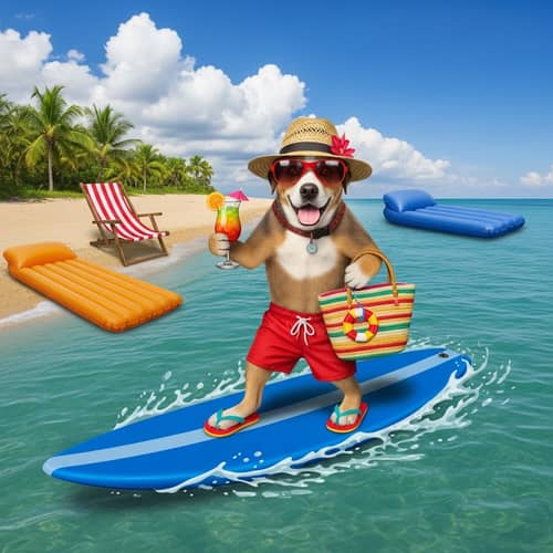 Dog Swimming on Surfboard with Cocktail and Beach Gear