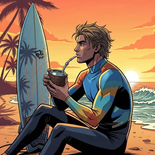 Caucasian Male Surfer Enjoying Yerba Mate on Beach | Surf Lifestyle
