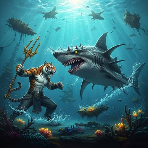 Humanoid Tiger Battles Mutant Shark in Surreal Underwater Scene