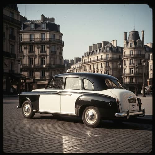Vintage Parisian Taxi on Cobblestone Street
