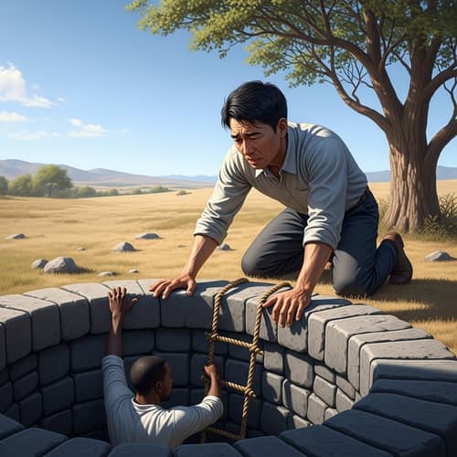 Digital Illustration of Asian Man Rescuing African Man by Old Stone Well