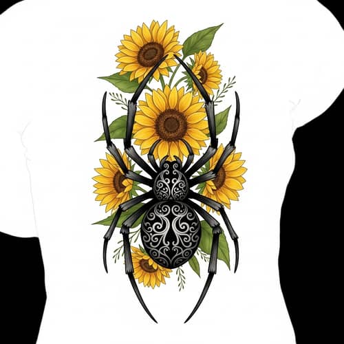 Gothic Spider Tattoo with Sunflowers Design