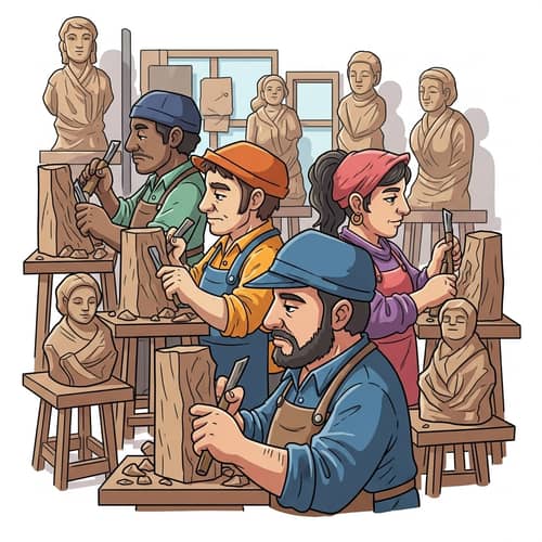 Colorful Cartoon-Style Sprites Engaged in Sculpting Activity