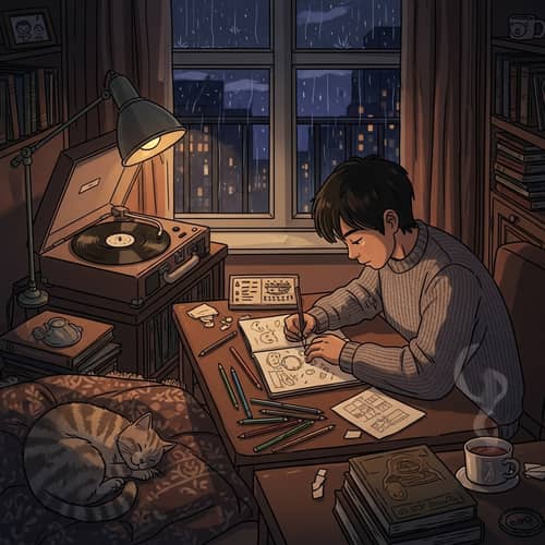 Cozy Lofi Music Vibes: Vintage Room with Rainy Cityscape