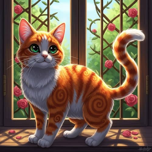 Lively Animated Cat in Vibrant Orange and White | Enchanting Scene
