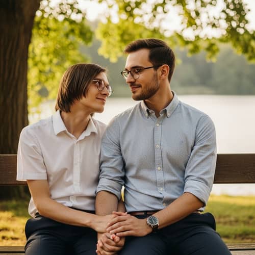 Gay Couple in Serene Setting with Diverse Features