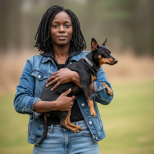Confident Black Woman Holding Playful Black Rat Terrier