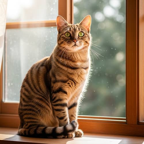 Tabby Cat Sitting on Windowsill | Green Eyes | Domestic Cat