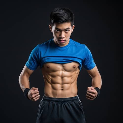 Physically Fit Asian Teenage Boy with Eight-Pack Abs | Gym Sports Outfit