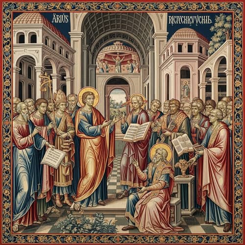 Elaborate Medieval Religious Tapestry: Arius Teaching Heresy