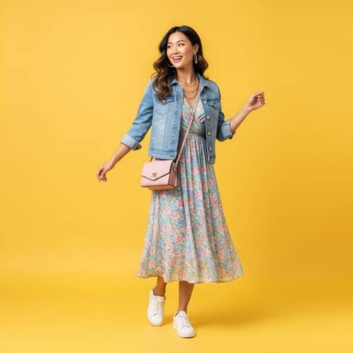 Bright Asian Woman Shopping on Yellow Background