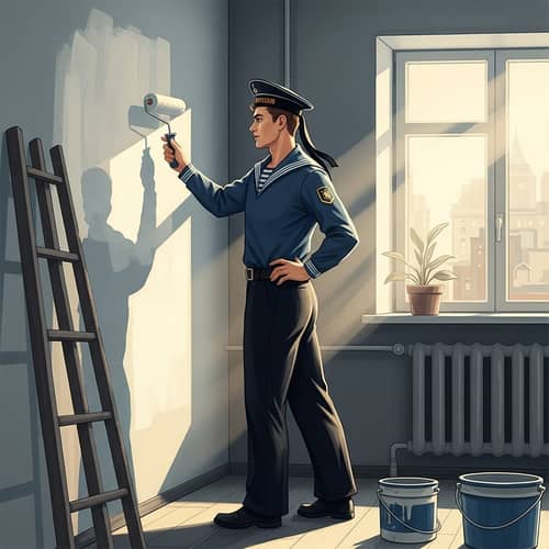Vintage Russian Builder Illustration with Chiaroscuro Lighting