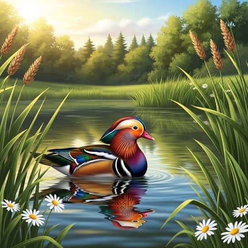 Vibrant Duck Frolicking by Serene Pond