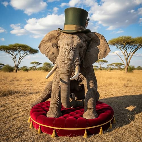 Seated Elephant Wearing a Hat