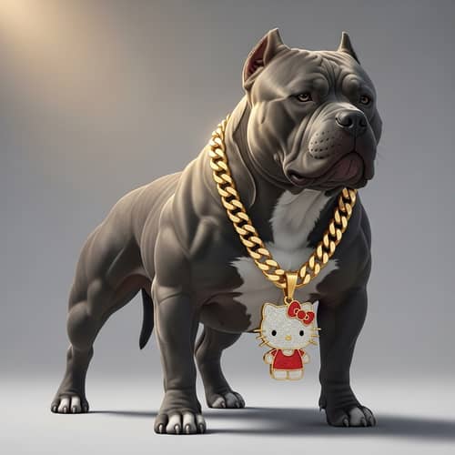 Solid Gray American Bully Dog with Hello Kitty Pendant Necklace