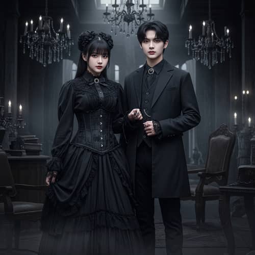 Gothic Style Boy and Girl in Chilling Setting - Dark Vampire Attire