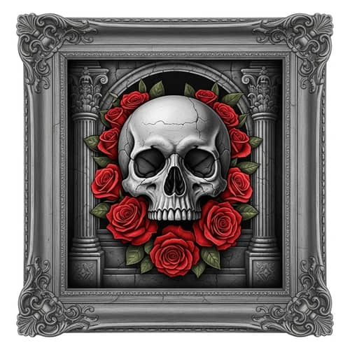 Stone Skull in Roman Portrait Frame with Red Roses