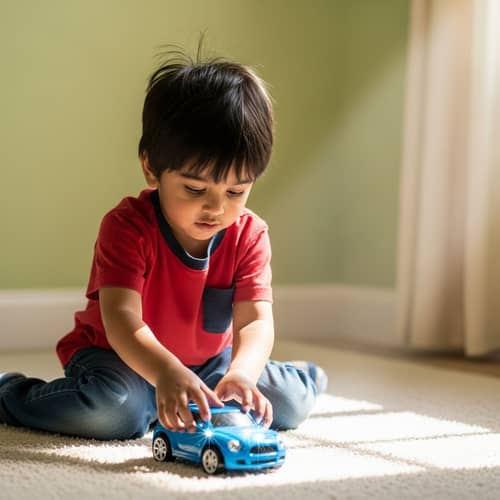 Young South Asian Boy Playing with Blue Toy Car in Cozy Room
