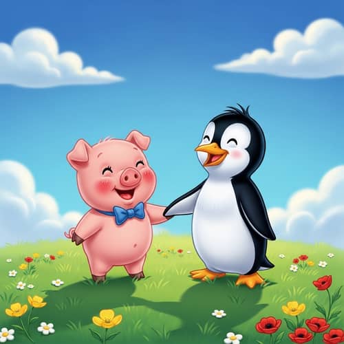 Cheerful Piglet and Penguin Enjoying Beautiful Day Out